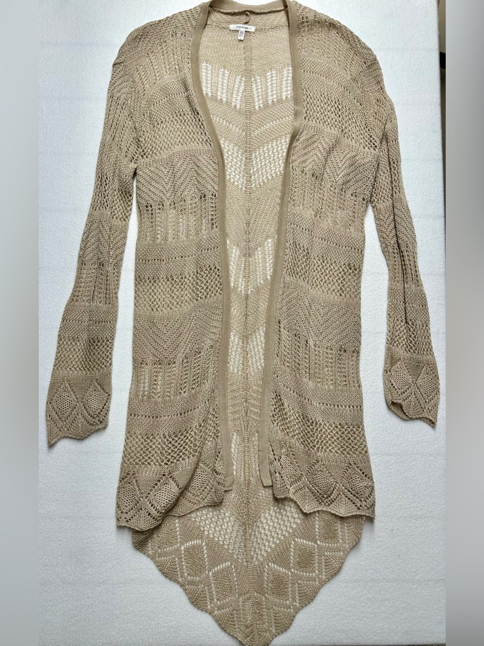 Maurices Open Knit Crochet Cardigan Women’s L Taupe Long Duster Boho
